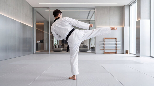 Martial arts athlete practicing a high kick in a dojo setting, showcasing discipline and physical prowess