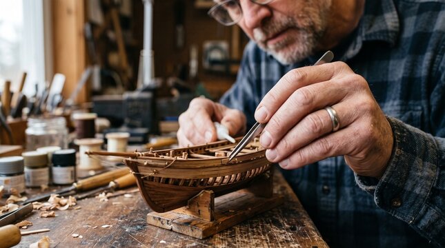 Skilled craftsman meticulously assembling a wooden ship model with tweezers in a workshop