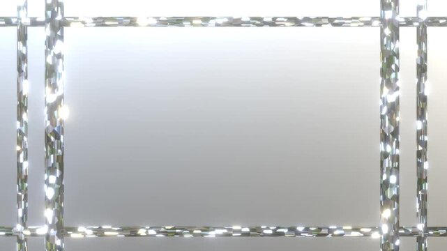 白銀に輝くキラキラした光るフレームとボーダーのループ動画、中央にコピースペースがある上品で幻想的なタイトル背景