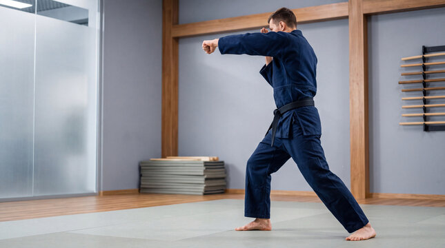 Focused martial artist in blue uniform practicing karate punches inside a modern training dojo