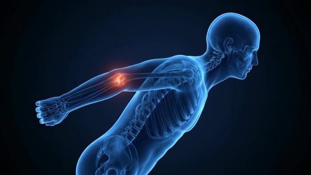 3d medical human arm movement with glowing elbow joint pain animation