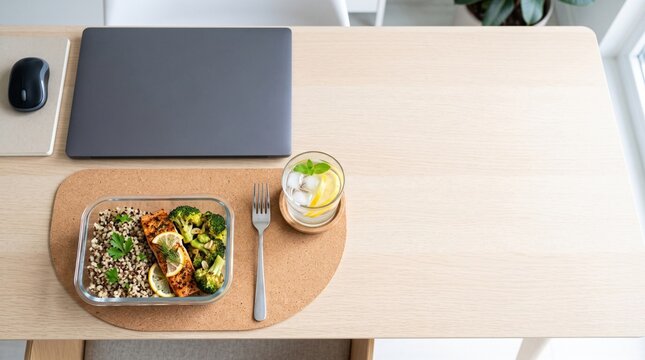 Healthy salmon lunch bowl on desk near laptop during busy remote workday