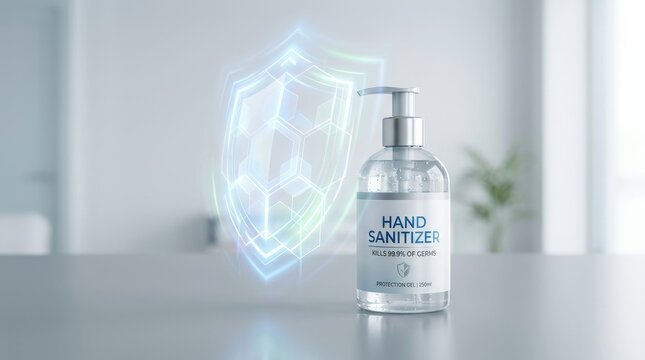 A silver hand sanitizer dispenser sits on a white table, prominently displaying the text "HAND SANITIZER KILLS 99.9% OF GERMS".