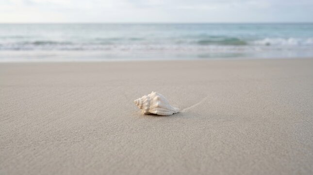 A small seashell rests on a sandy beach. The shell is white and textured, and it sits on the wet sand near the ocean.