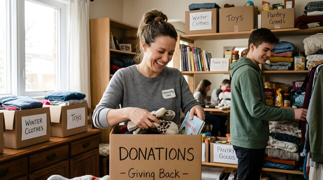 Dedicated volunteers sorting clothing and food donations at a community center to support local families in need.
