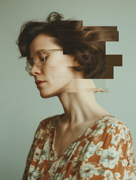 Artistic profile portrait of a woman with round glasses featuring a fragmented pixel glitch effect and retro floral blouse.