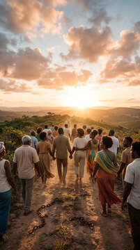 Black resistance in Brazil, a large group of Black people walking together toward a bright open horizon, subtle broken chain elements behind them, Black Consciousness Day