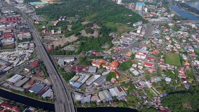 Aerial Footage of local lifestyle residential housing at Kota Kinabalu city, Sabah, Malaysia