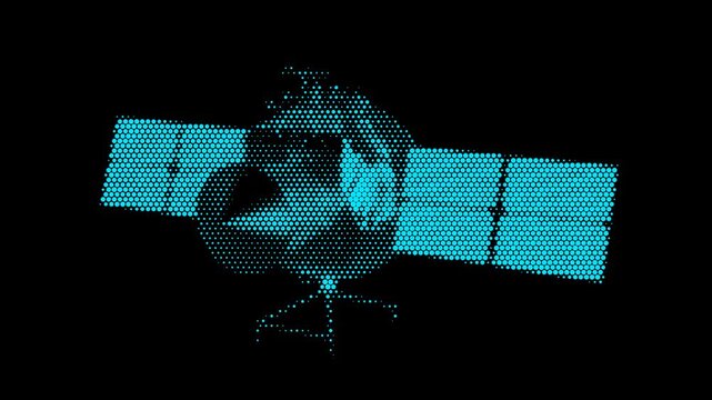 Orbit Communication Satellite Halftone Dots Assemble Disassemble Loop Animation Solar Panels Global Telecommunication Motion Graphics 4K 60FPS Video Footage