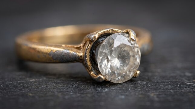 Macro view of an aged diamond engagement ring