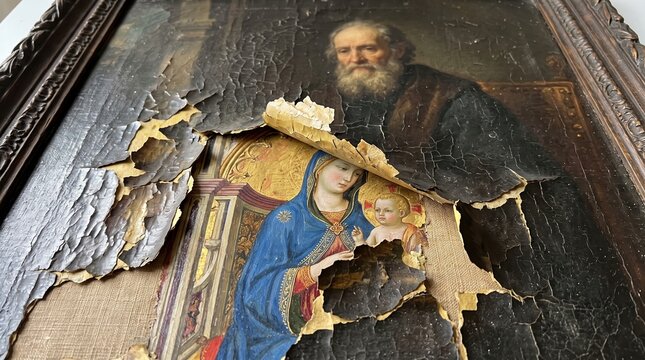 Ancient religious fresco with bearded saint holding child figure in worn frame