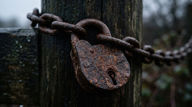 Weathered Rusted Padlock and Chain on Wood Post