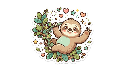 Fototapeta premium Cute Cartoon Sloth Hanging on Tree Branch with Hearts and Stars Sticker Illustration