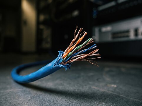 Cut blue electrical cable with exposed orange and brown wires on dark surface
