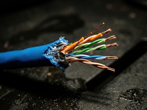 Damaged multicolored electrical cable wires close-up on dark surface