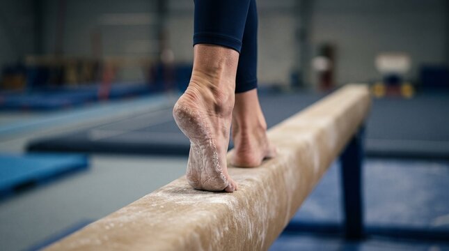 Close-up of a female gymnast's chalked feet balancing gracefully on a wooden balance beam during training.