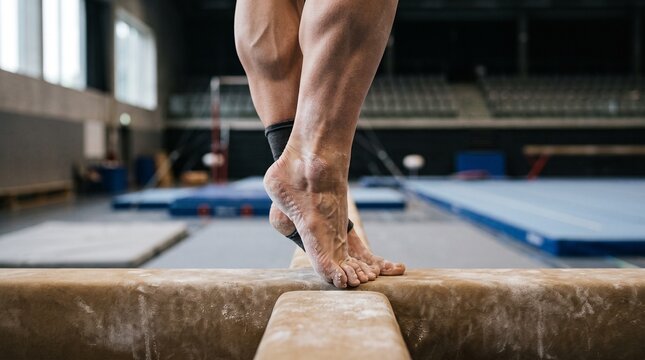 Close-up of a female gymnast's chalked feet balancing gracefully on a wooden balance beam during training.