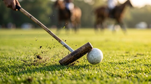 Action close-up of a wooden mallet striking a white polo ball on a green grass field during a match.
