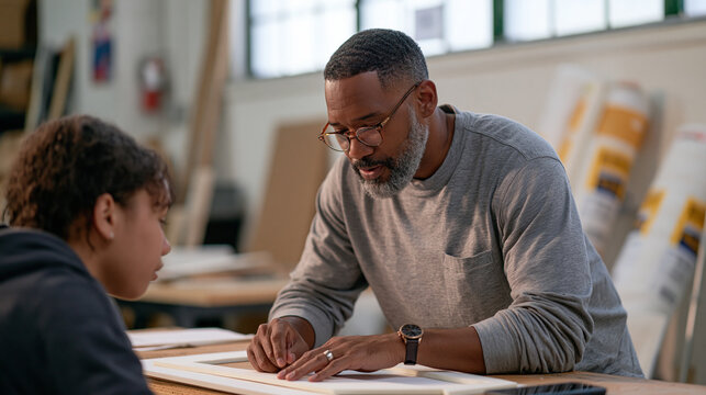 A prop builder passes down foam fabrication techniques to a teenage apprentice in a bare studio as a phone buzzes unnoticed on the workbench and rolls of insulation material lean