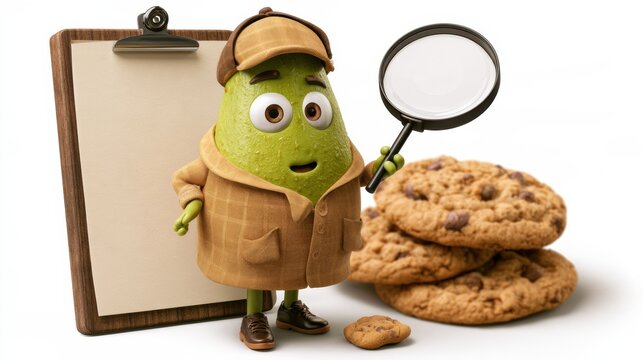 Detective avocado uses a magnifying glass to find cookies in a cartoon food mystery scene on a white background.