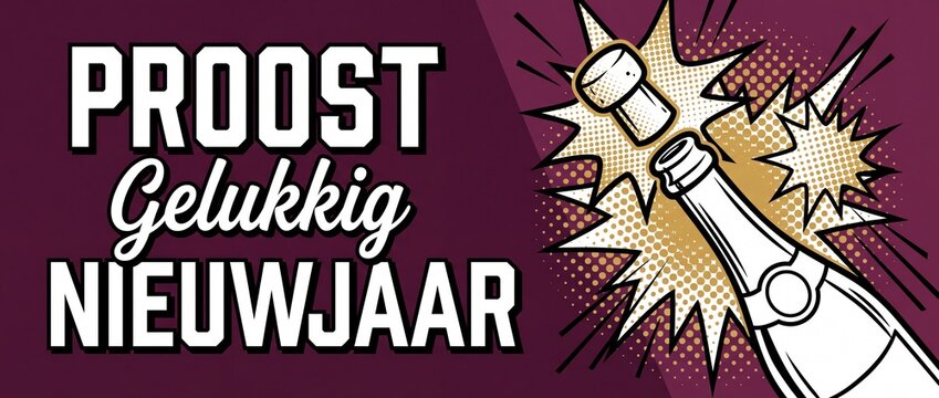 Gelukkig Nieuwjaar Proost champagne bottle popping pop art comic style Dutch happy new year celebration banner illustration background poster with retro halftone starburst explosion typography vector