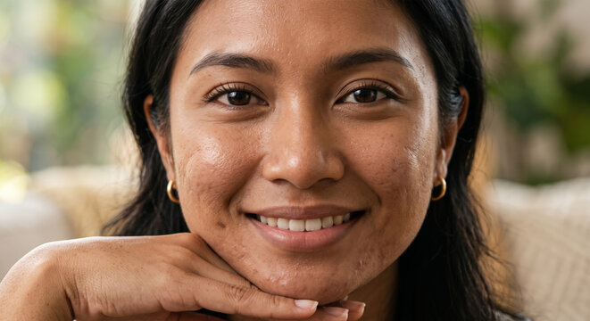 Close-up of a happy woman resting her chin on her hands, showcasing authentic skin texture, mild acne scars, and a radiant natural glow.