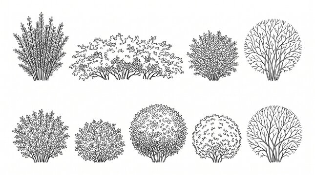 Black and white sketch set of various bushes and shrubs