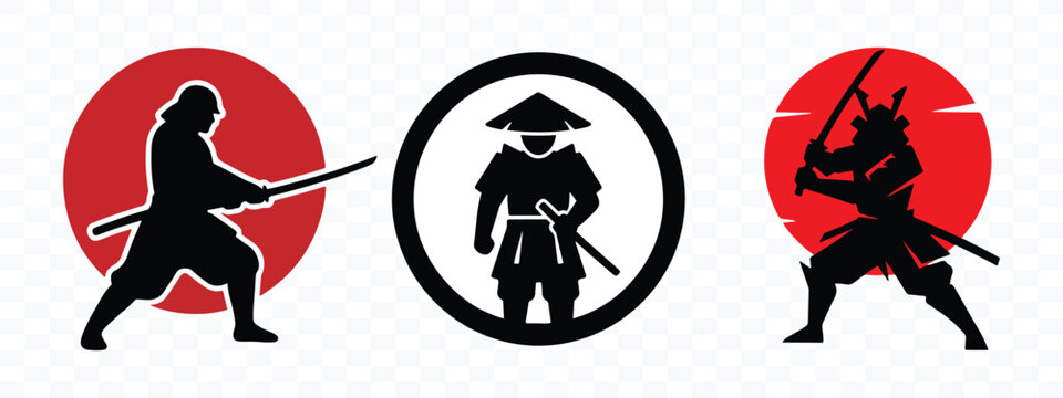 Three samurai warrior silhouette icons with katana swords and red sun backgrounds katana sword japanese warrior samurai art traditional martial arts