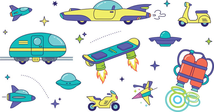 Retro Futuristic Transportation Vector Set with Hover Car Rocket Jetpack Spaceships Train Capsule and Hoverboard for Smart City Graphic Designs