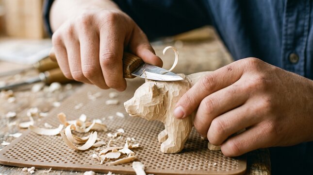 Close up of hands carving a small wooden bear with a sharp knife and wood shavings scattered around