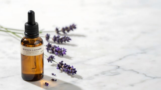 Amber glass dropper bottle of essential oil next to fresh lavender sprigs on white marble