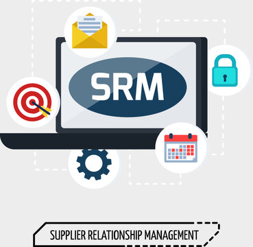 Supplier Relationship Management SRM Vector Illustration Laptop with Target Email Envelope Lock Calendar and Gear Icons on Light Background