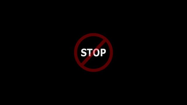 STOP text symbol animation on black background. not allowed and ban animation concept. 4k video