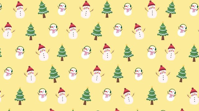 Christmas seamless pattern background with snowman and pine trees falling motion loop