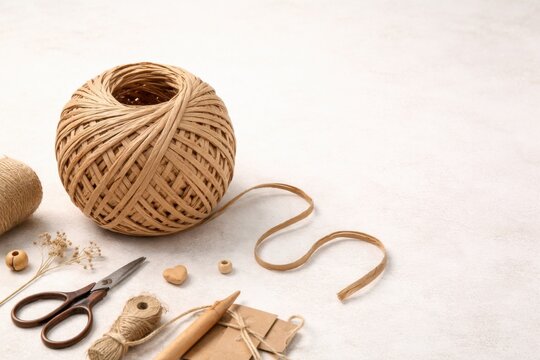A ball of natural twine with scissors, wooden beads, dried flowers, and craft supplies arranged on a light surface.