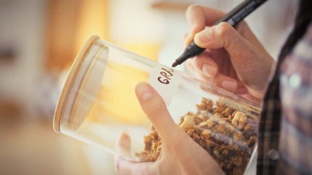 Housewife carefully labels glass storage jar with granola in her kitchen, illustrating proper food storage. The tidy act highlights organization, preserving freshness and keeping an efficient pantry