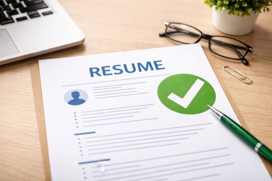 A resume on a desk next to a laptop, glasses, and a pen, featuring a large green checkmark indicating approval or success.