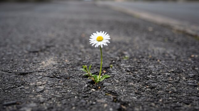 Single white daisy flower growing through cracked asphalt pavement, symbolizing resilience, hope, and nature's persistence against urban decay. Springtime renewal concept with