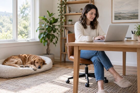 Woman Works at Home Beside Her Sleeping Dog