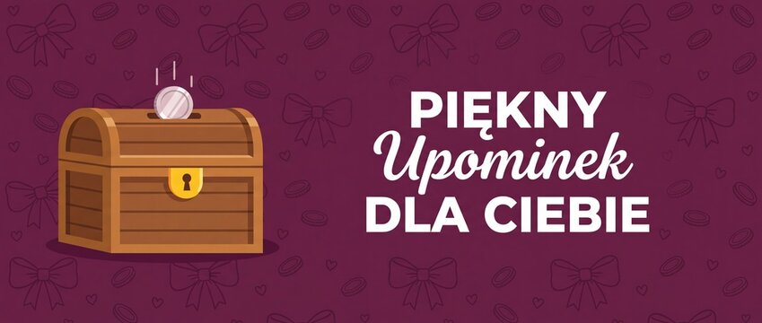 Treasure chest money box savings banner with silver coin dropping into wooden lock box and Polish typography text Piekny Upominek Dla Ciebie for gift bonus, financial reward, and money gift vector
