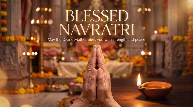 Person praying with hands in namaste gesture during a traditional navratri