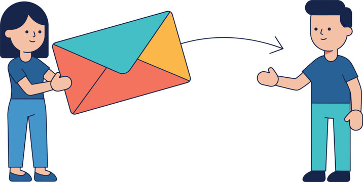 Two children exchanging a large gmail envelope illustration on a white background