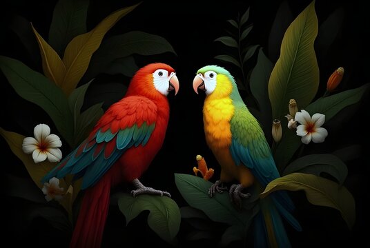 Horizontal illustration of a pair of colorful macaw parrots perched on branches surrounded by tropical leaves and flowers isolated on black background, fine art botanical concept.