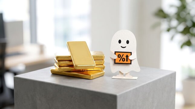 A small ghost figure holds a discount sign next to stacked gold bars on a gray surface in a bright, modern room.