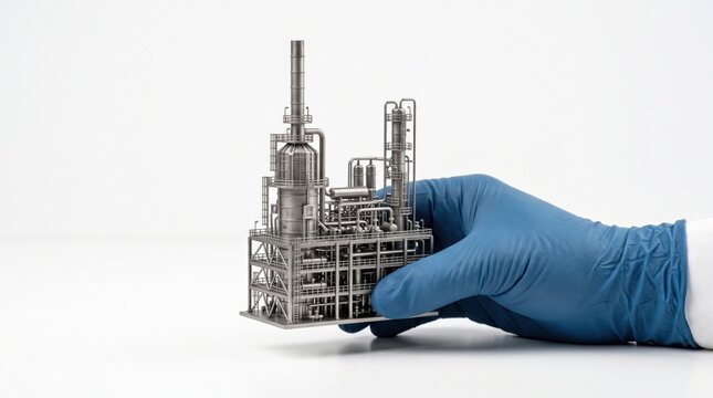 A gloved hand holds a detailed miniature industrial refinery model against a plain white background.