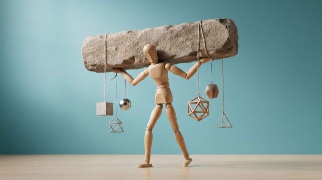 Wooden figure carrying a heavy stone block with hanging geometric shapes