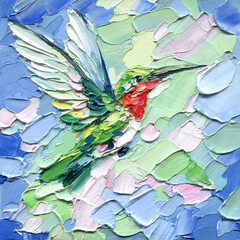 Obraz premium Hummingbird painting with green plumage and red throat in flight against a soft blue background with thick impasto texture for art