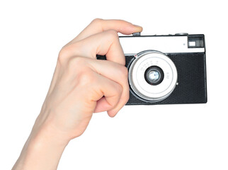 Obraz premium Hand holding retro photo camera isolated on transparent background, front view, retro things concept