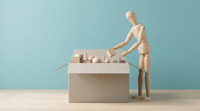 Wooden mannequin organizing items from an open box