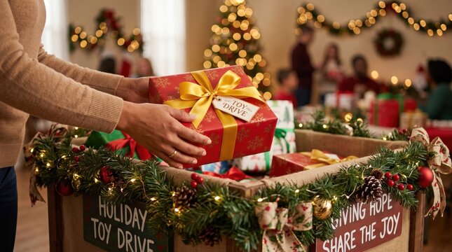 Person placing a wrapped gift into a decorated holiday toy drive box during a festive indoor event with blurred people and Christmas decorations in the background.